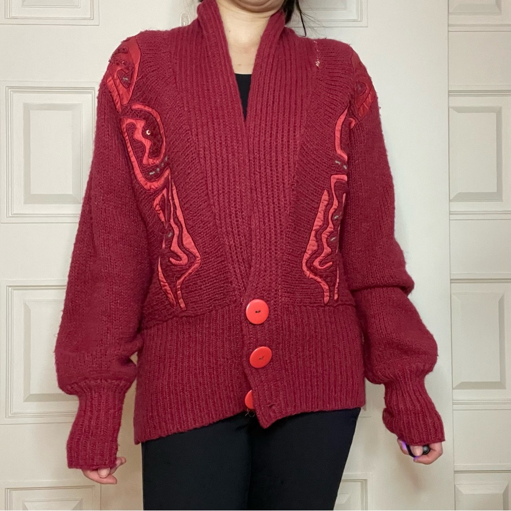 Vintage Embroidered Red Knit Oversized Cardigan - Picture 3 of 7